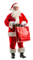 Smiling Santa Claus holding red shopping bag, full length front view isolate on transparent background png
