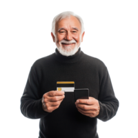 Smiling senior man holding holding a credit card and a mobile phone, standing front view isolate on transparent background png