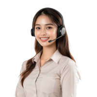 Smiling young customer service woman with headset, standing, call center front view isolate on transparent background png