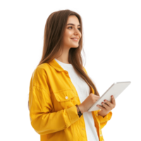Cheerful young woman student freelancer using digital tablet, standing side view isolate on transparent background png