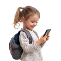 Happy smiling little girl student using smart phone, standing side view isolate on transparent background png