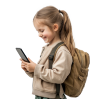 Happy smiling little girl student using smart phone, standing side view isolate on transparent background png
