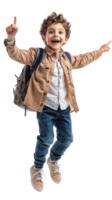 Excited little boy student floating in air with hand pointing at right side copyspace, Full length, front view isolate on transparent background png