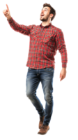 Excited young man floating in air with hand pointing to copyspace, Full length, side view isolate on transparent background png