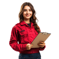 Smiling auto mechanic woman with hand holding a clipboard, standing isolate on transparent background png