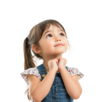 Little girl thinking and looking at empty space, standing isolate on transparent background png