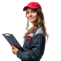 Smiling auto mechanic woman with hand holding a clipboard, standing side view isolate on transparent background png