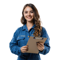 Smiling auto mechanic woman with hand holding a clipboard, standing isolate on transparent background png