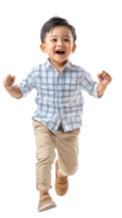 Little boy with excited smile he is run in air, Full length, side view isolate on transparent background png