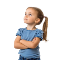 Little girl thinking and looking at empty space, standing isolate on transparent background png