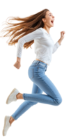 Beautiful young woman with excited smile he is run in air, Full length, side view isolate on transparent background png