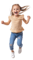 Little girl with excited smile he is run in air, Full length, front view isolate on transparent background png