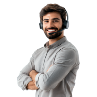 Smiling young customer service man with headset, standing, call center front view isolate on transparent background png
