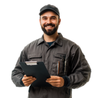 Smiling auto mechanic man with hand holding a clipboard, standing isolate on transparent background png