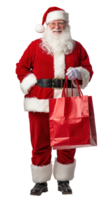 Smiling Santa Claus holding red shopping bag, full length front view isolate on transparent background png