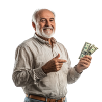 Happy senior man holding a bunch of US dollar money with gesture yes, standing side view isolate on transparent background png