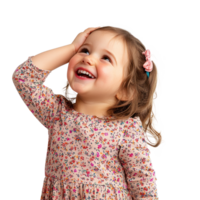 Pretty little girl laughing with excitement, head in hand, standing side view isolate on transparent background png