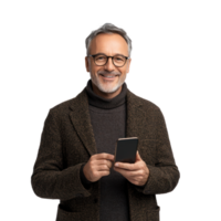 Happy smiling mature middle-aged man using smart phone, standing front view isolate on transparent background png