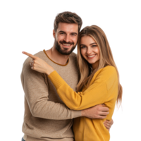 sorridente jovem casal abraçando com mão apontando às cópia de espaço, em pé isolar em transparente fundo png