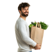 Smiling man holding Groceries shopping bag side view isolate on transparent background png
