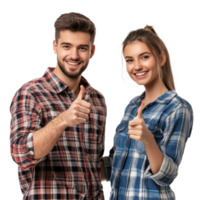 Smiling young man and woman pointing at camera, standing side view isolate on transparent background png