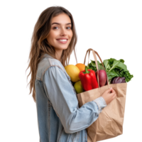 Smiling Woman holding Groceries shopping bag side view isolate on transparent background png