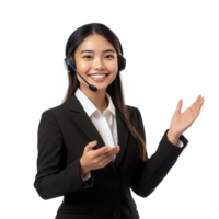 Smiling young customer service woman with headset wearing suit and hand presenting something at copy space, standing, call center isolate on transparent background png