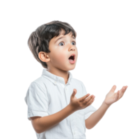 Shocked facial expression little boy student with hand open, standing side view isolate on transparent background png