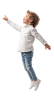 Excited little boy student floating in air with hand pointing at right side copyspace, Full length, side view isolate on transparent background png