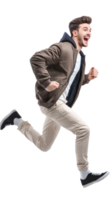 Handsome man with excited smile he is run in air, Full length, side view isolate on transparent background png