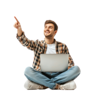 Happy young man sitting cross-legged with a laptop in the air, hand pointing at left empty space isolate on transparent background png