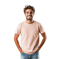 Smiling young man standing with hands in pockets, standing front view isolate on transparent background png