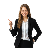 Happy smiling business woman in suit with hand pointing at empty space, standing front view isolate on transparent background png