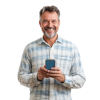 Happy smiling mature middle-aged man using smart phone, standing front view isolate on transparent background png