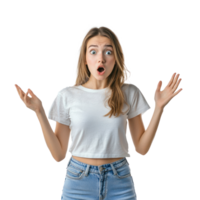 Shocked facial expression young woman with hand open, standing front view isolate on transparent background png