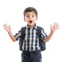 Shocked facial expression little boy student with hand open, standing front view isolate on transparent background png