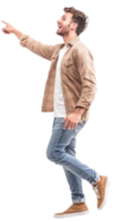Excited young man floating in air with hand pointing at right side copyspace, Full length, side view isolate on transparent background png