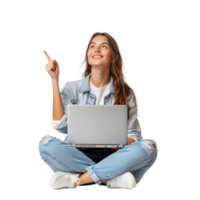 Happy young woman sitting cross-legged with a laptop in the air, hand pointing at right empty space side view isolate on transparent background png