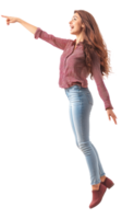Excited young woman floating in air with hand pointing to copyspace, Full length, side view isolate on transparent background png
