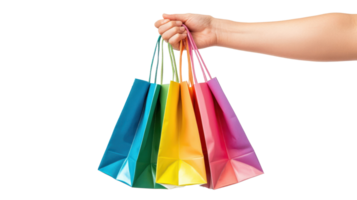 hand holding colorful shopping bag isolate on transparent background png