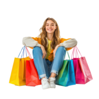 Happy girl sit surrounded by colorful shopping bags front view isolate on transparent background png