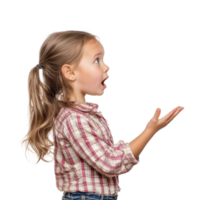 Shocked facial expression little girl student with hand open, standing side view isolate on transparent background png