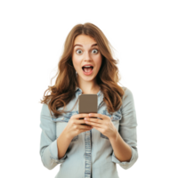 Happy Young woman with surprised facial expression and hand hold smartphone, standing front view isolate on transparent background png