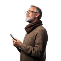 Happy smiling mature middle-aged man using smart phone, standing side view isolate on transparent background png