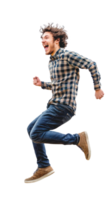 Handsome man with excited smile he is run in air, Full length isolate on transparent background png