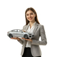 Smiling young businesswoman holding car model with hand pointing at empty space isolate on transparent background png