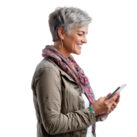 Happy smiling mature middle-aged woman using smart phone, standing side view isolate on transparent background png