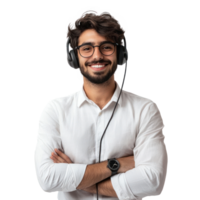 Smiling young customer service man with headset, standing, call center isolate on transparent background png