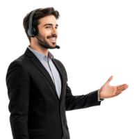 Smiling young customer service man with headset wearing suit and hand presenting something at copy space, standing, call center side view isolate on transparent background png