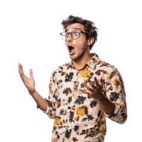 Shocked facial expression young man with hand open, standing side view isolate on transparent background png